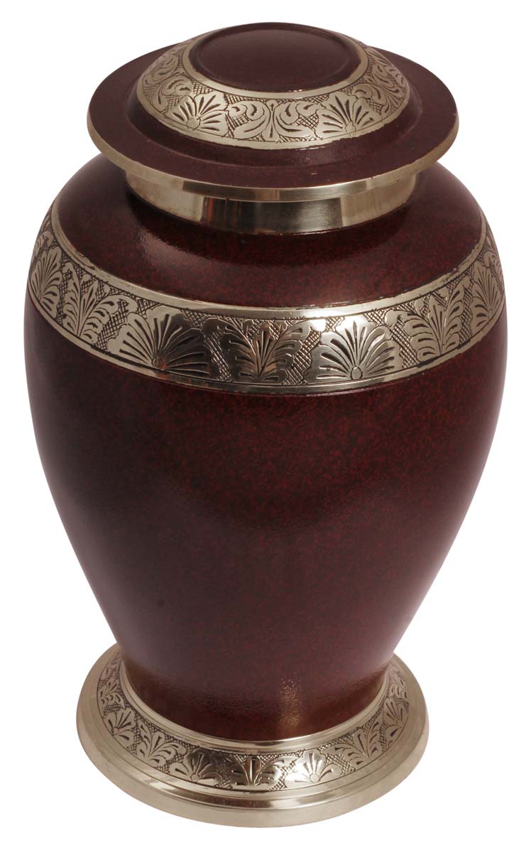 10.5” Red-Brown Brass Cremation Urn with Floral Motifs – Hand-Crafted – Solid Urns for Ashes at Wholesale